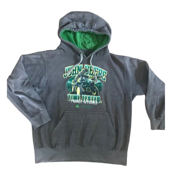 John Deere Sweatshirt Tractor Graphic Hooded Sz Large Time Tested Farmer Approve - Picture 1 of 4